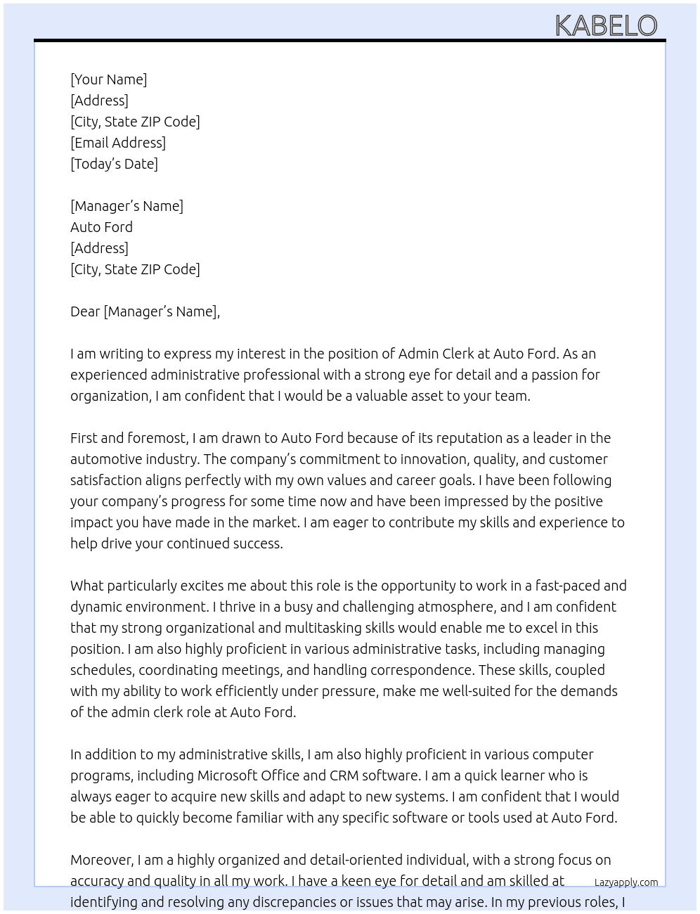 Admin clerk  At Auto Ford  Cover Letter