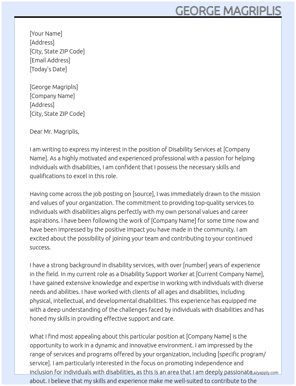 Disabilty services At George Magriplis Cover Letter