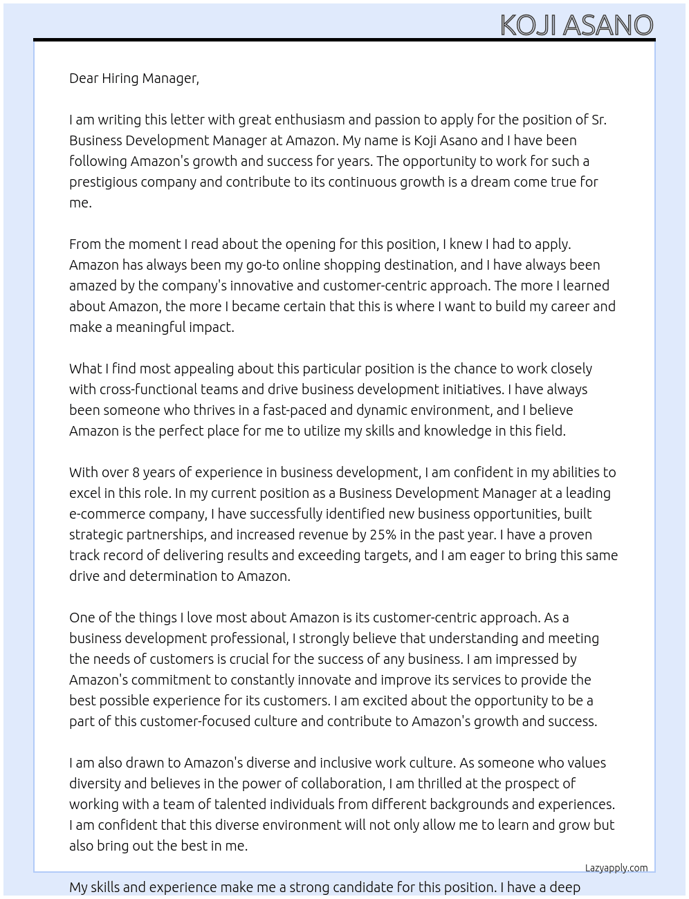 Sr. Business Development Manager At amazon Cover Letter