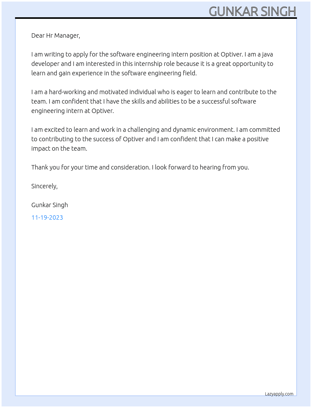 software engineering intern At Optiver Cover Letter