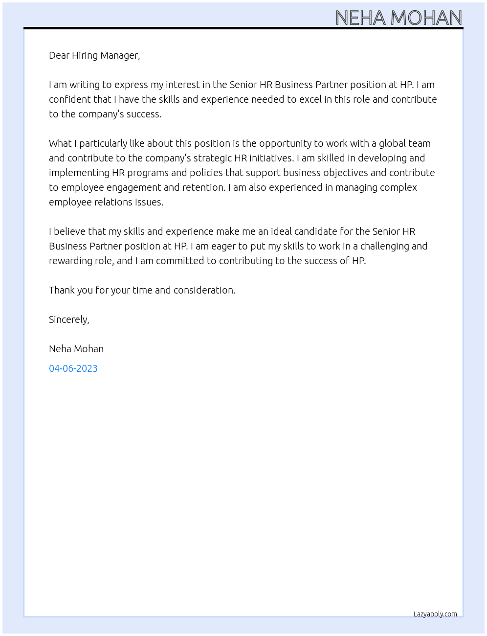 Senior HR Business Partner At HP Cover Letter