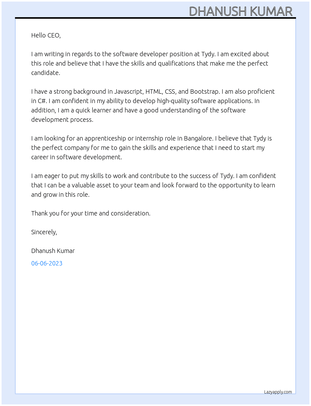 Software developer  At Tydy Cover Letter