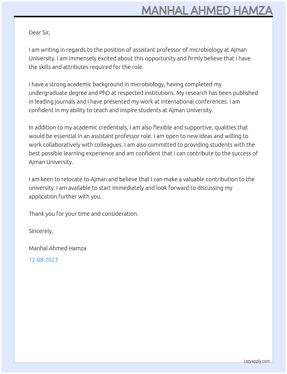 assistant professor m8crobiology  At Ajman University Cover Letter