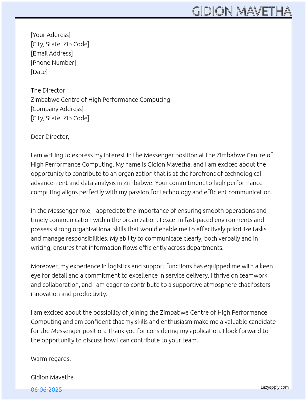 Messenger At Zimbabwe Centre of High Performance Computing Cover Letter
