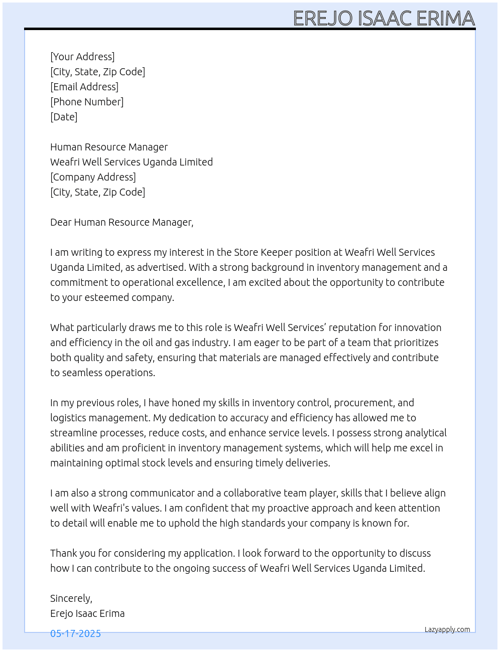 Store Keeper -  Weafri Well Services Uganda Limited At Weafri Well Services Uganda Limited Cover Letter