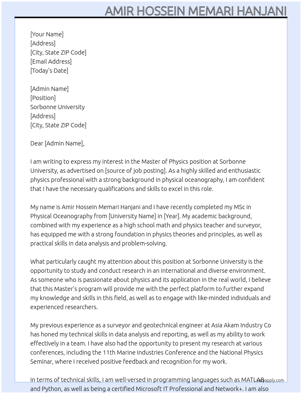 Cover letter for master of physics - LazyApply