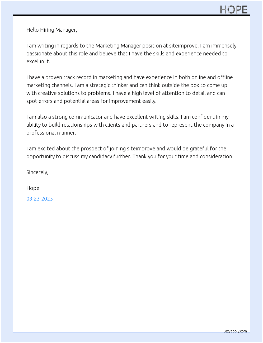 Marketing Manager  At siteimprove Cover Letter