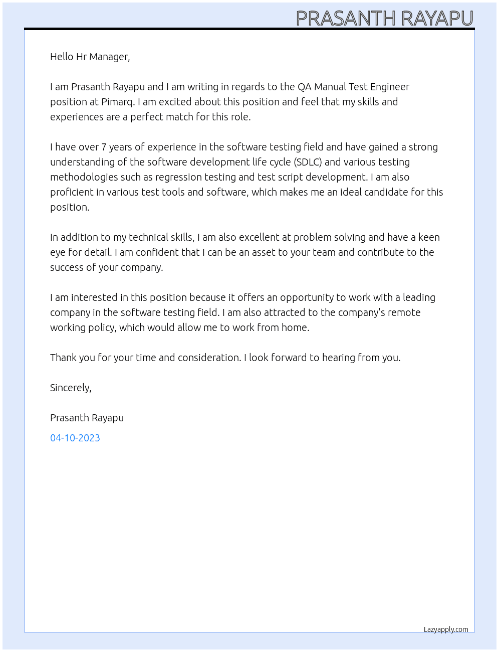 QA Manual Test Engineer  At Pimarq Cover Letter