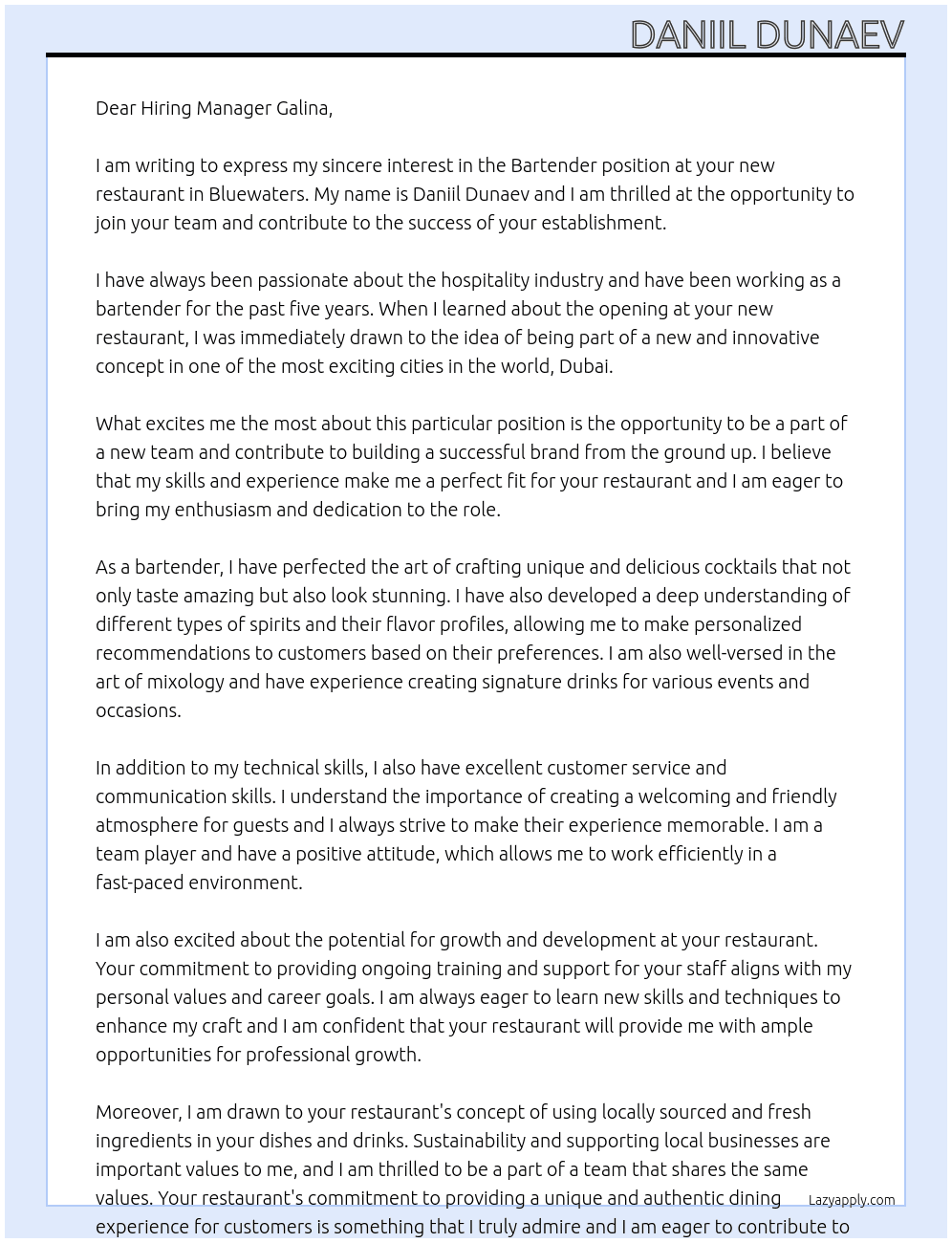 Bartender At new restaurant in Bluewaters Cover Letter