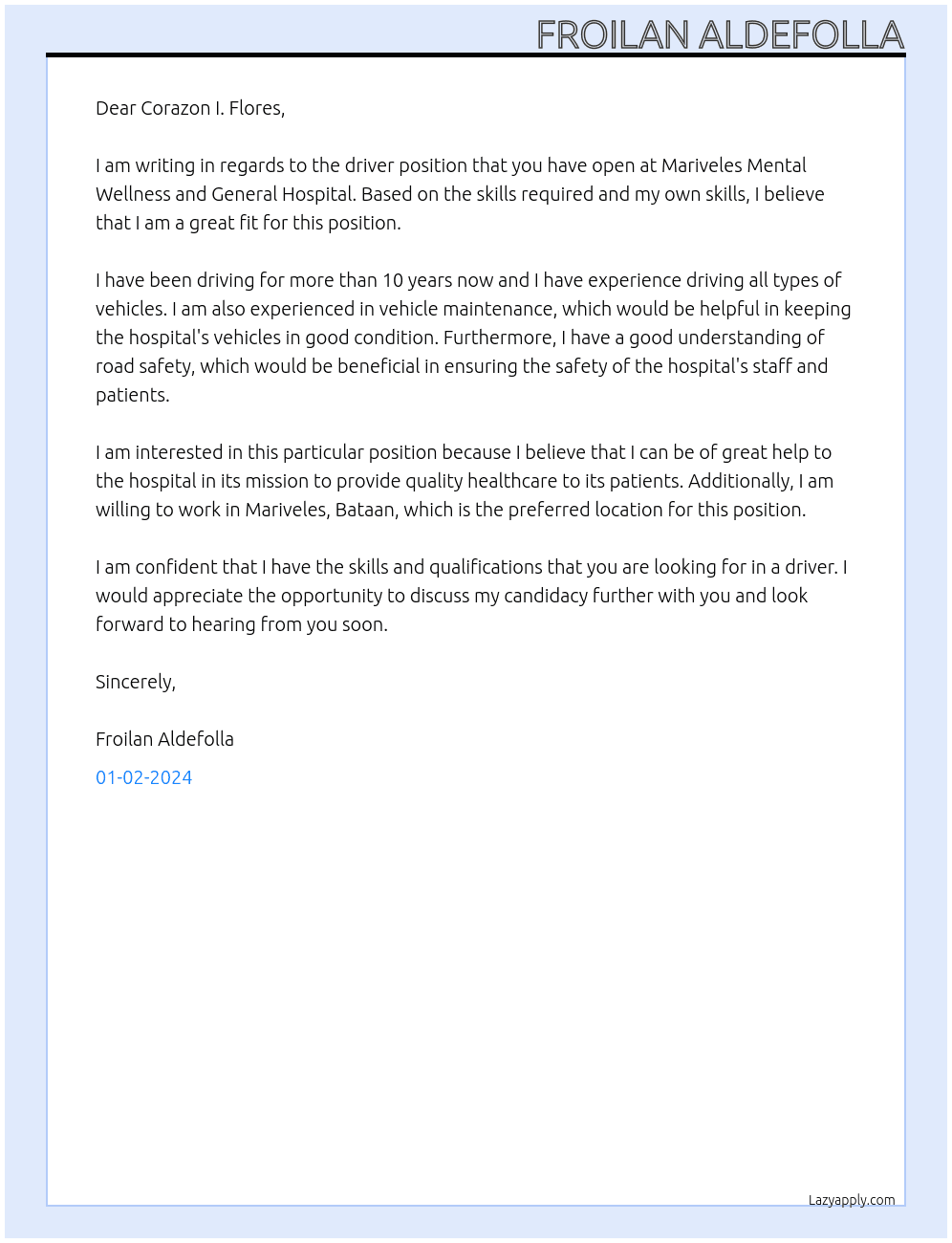 Driver At Mariveles Mental Wellness and General Hospital Cover Letter