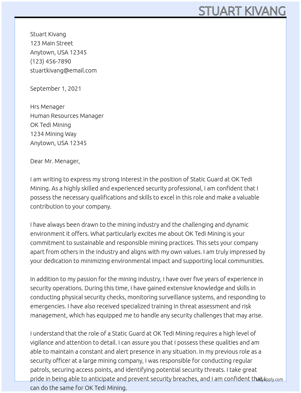 Static Guard At OK Tedi Mining Cover Letter