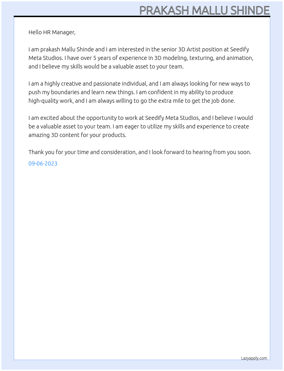senior 3D Artist At Seedify Meta Studios Cover Letter