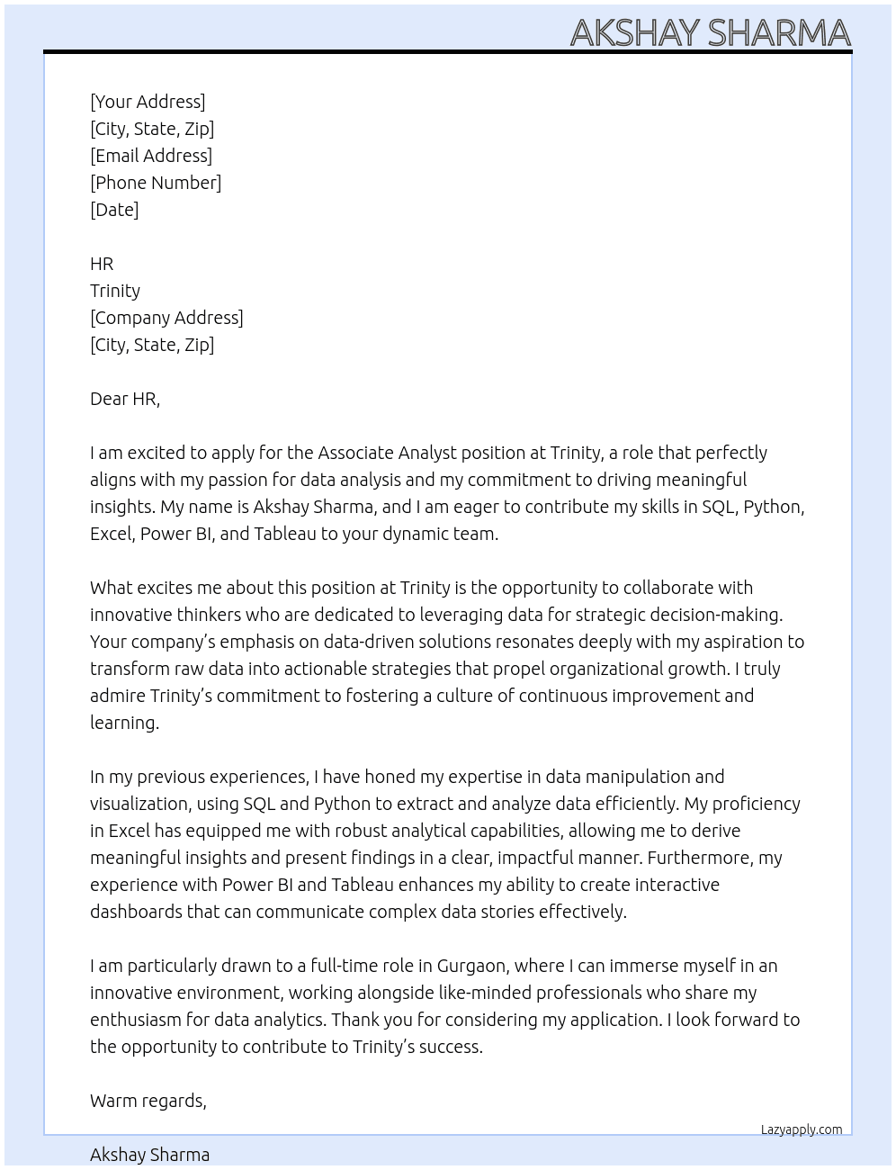 Associate analyst At TRINITY Cover Letter