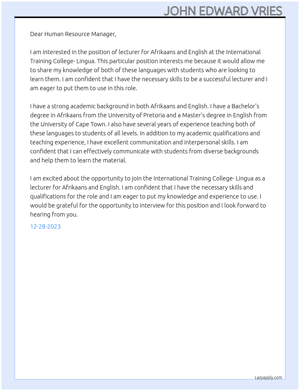 Lecturer Afrikaans and English At International Training College- Lingua Cover Letter