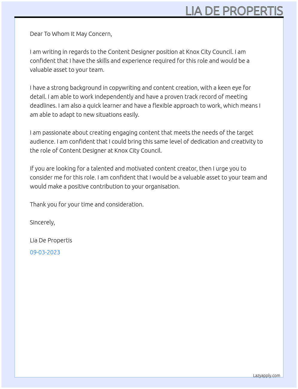 Content Designer At Knox City Council Cover Letter