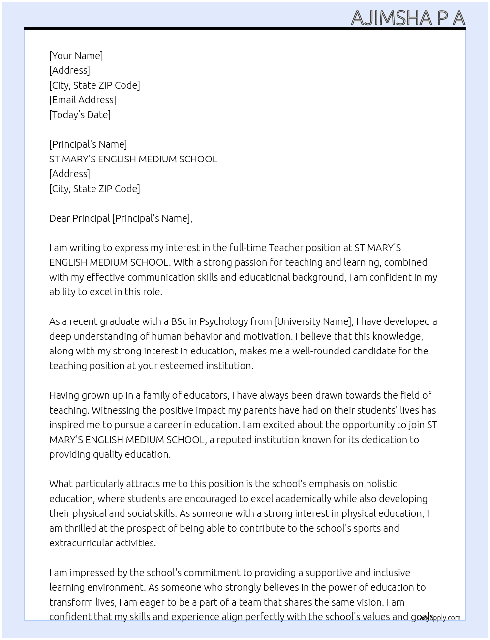 Teacher At ST MARY'S ENGLISH MEDIUM SCHOOL  Cover Letter