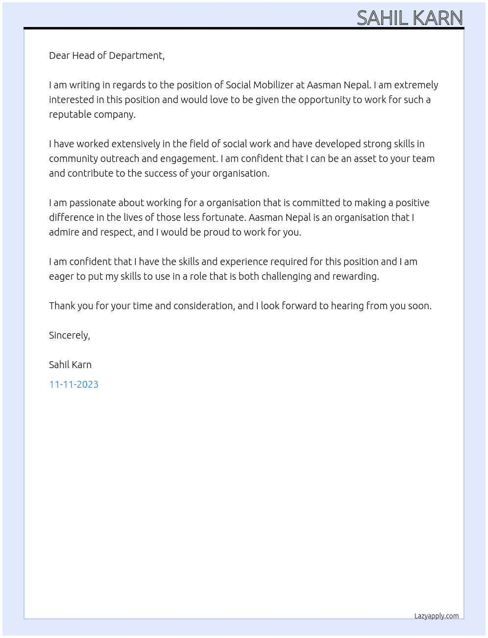 Social mobilizer At Aasman Nepal Cover Letter
