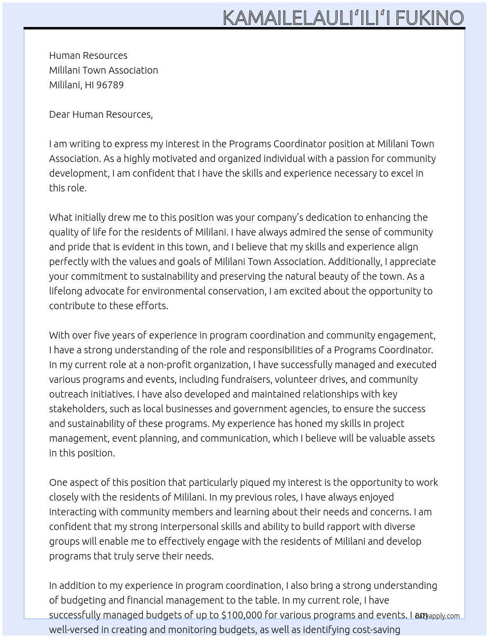 programs coordinator At Mililani Town Association Cover Letter