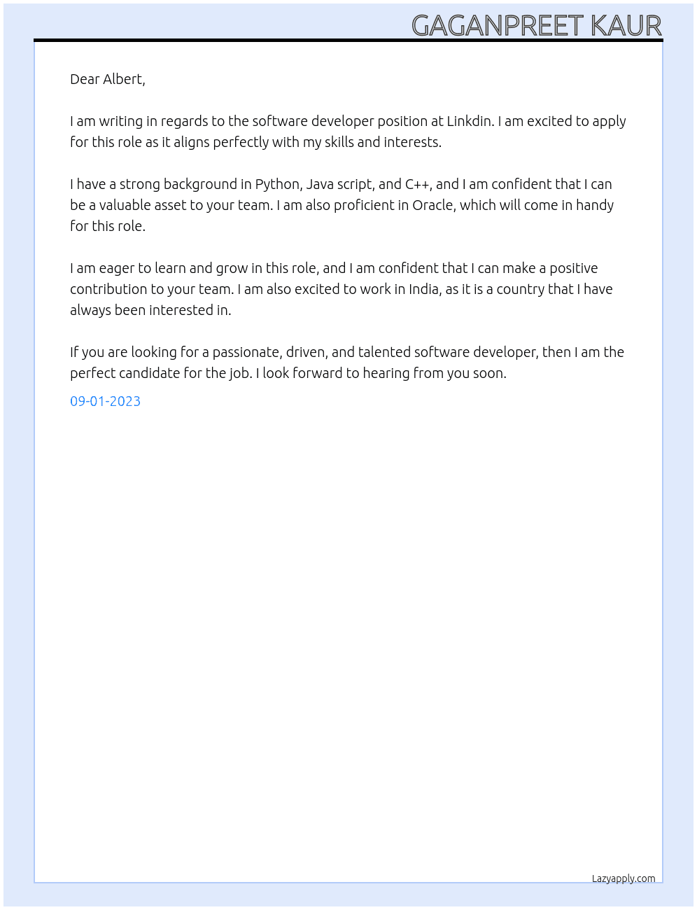 Software developer  At Linkdin  Cover Letter