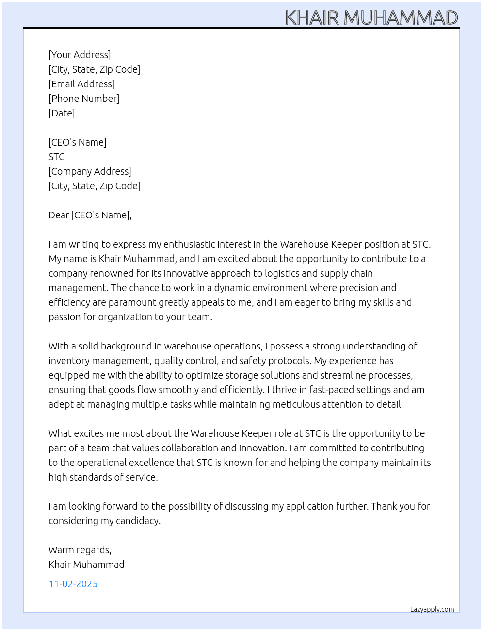 Warehouse Keeper At STC  Cover Letter