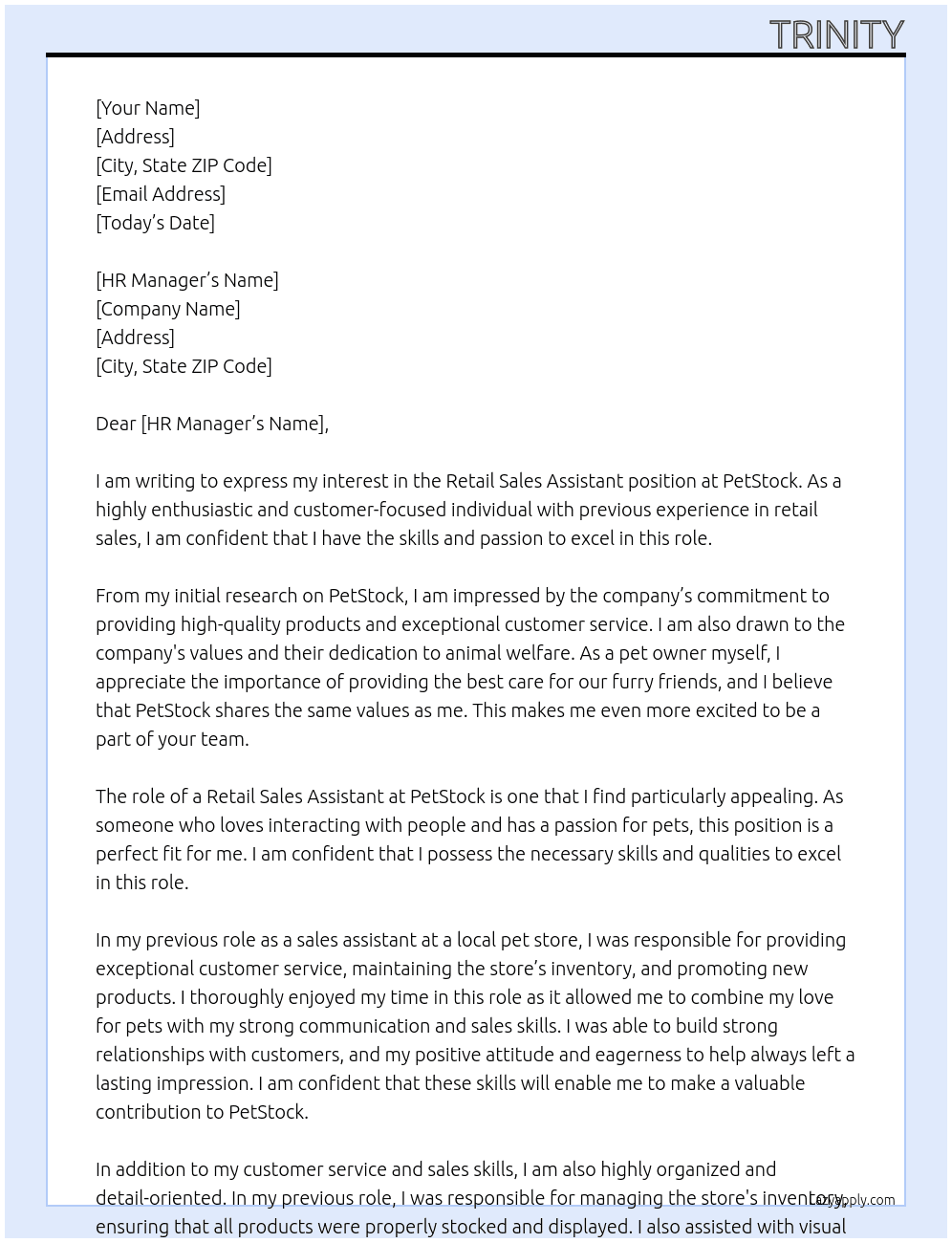 retails sales assistent At PetStock Cover Letter
