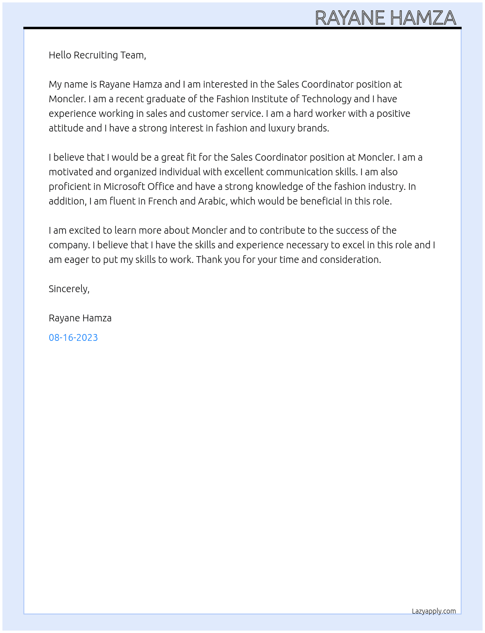 Sales Coordinator  At Moncler  Cover Letter