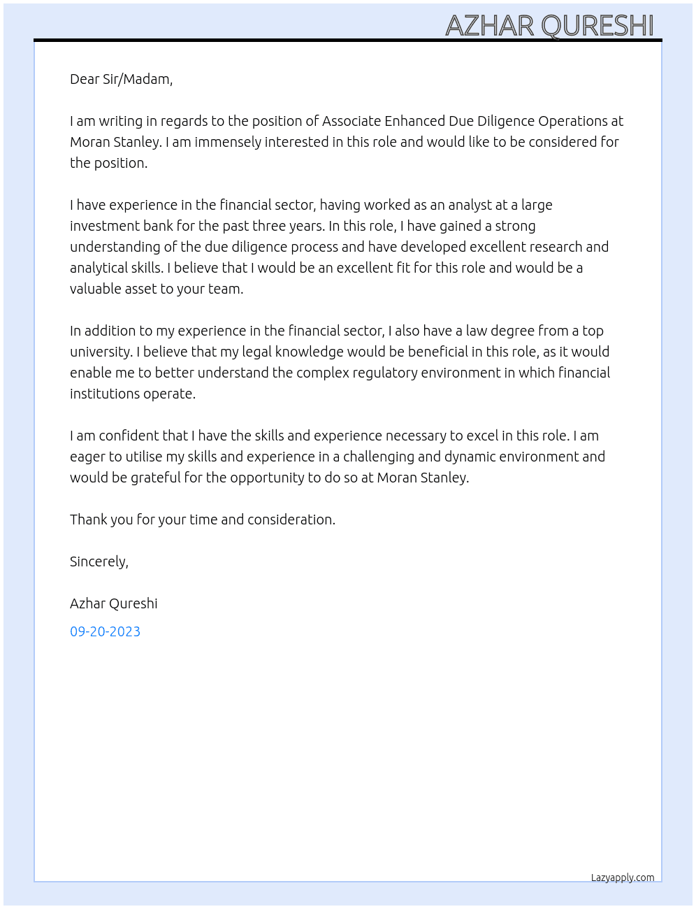 Associate Enhanced Due Diligence Operations  At Moran Stanley  Cover Letter