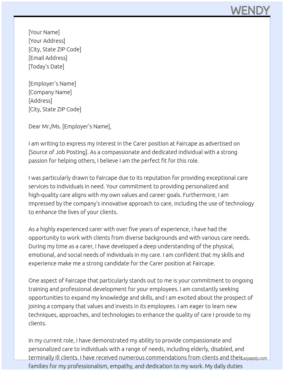Carer At Faircape Cover Letter