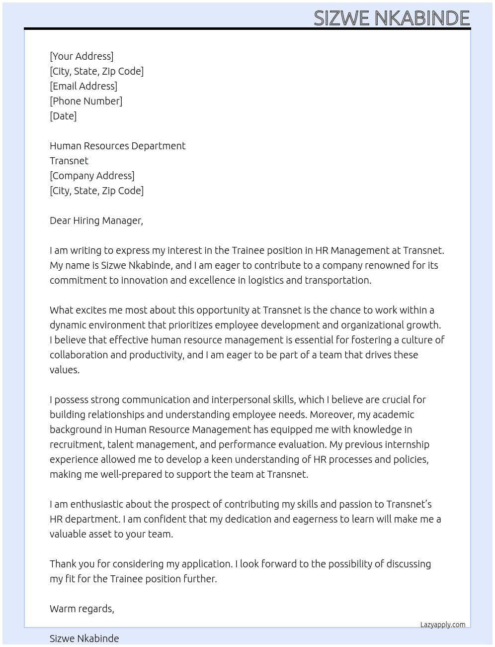 Trainee At Transnet Cover Letter
