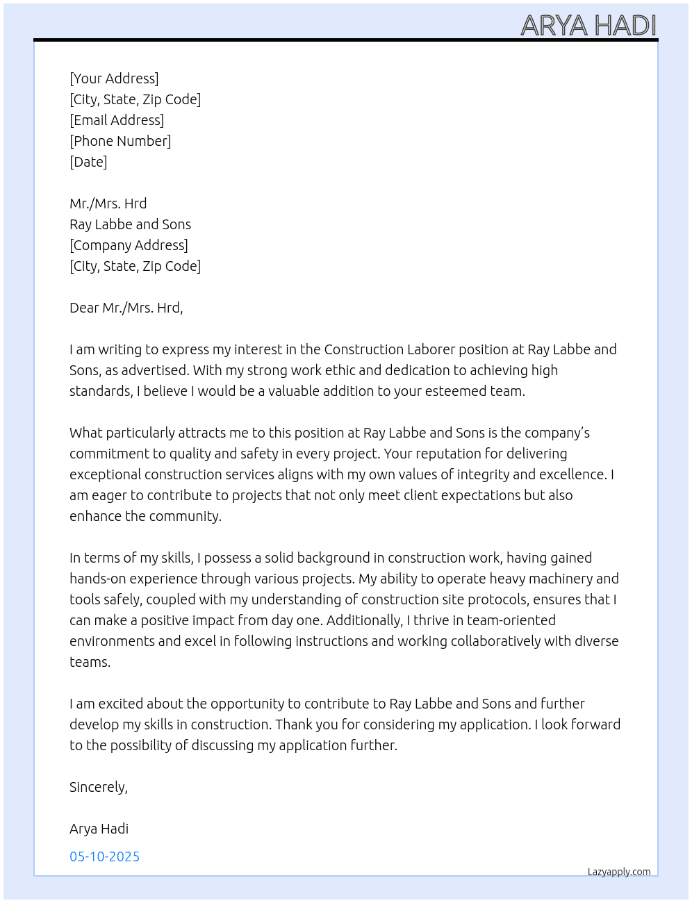 Construction Laborer At Ray Labbe and Sons Cover Letter