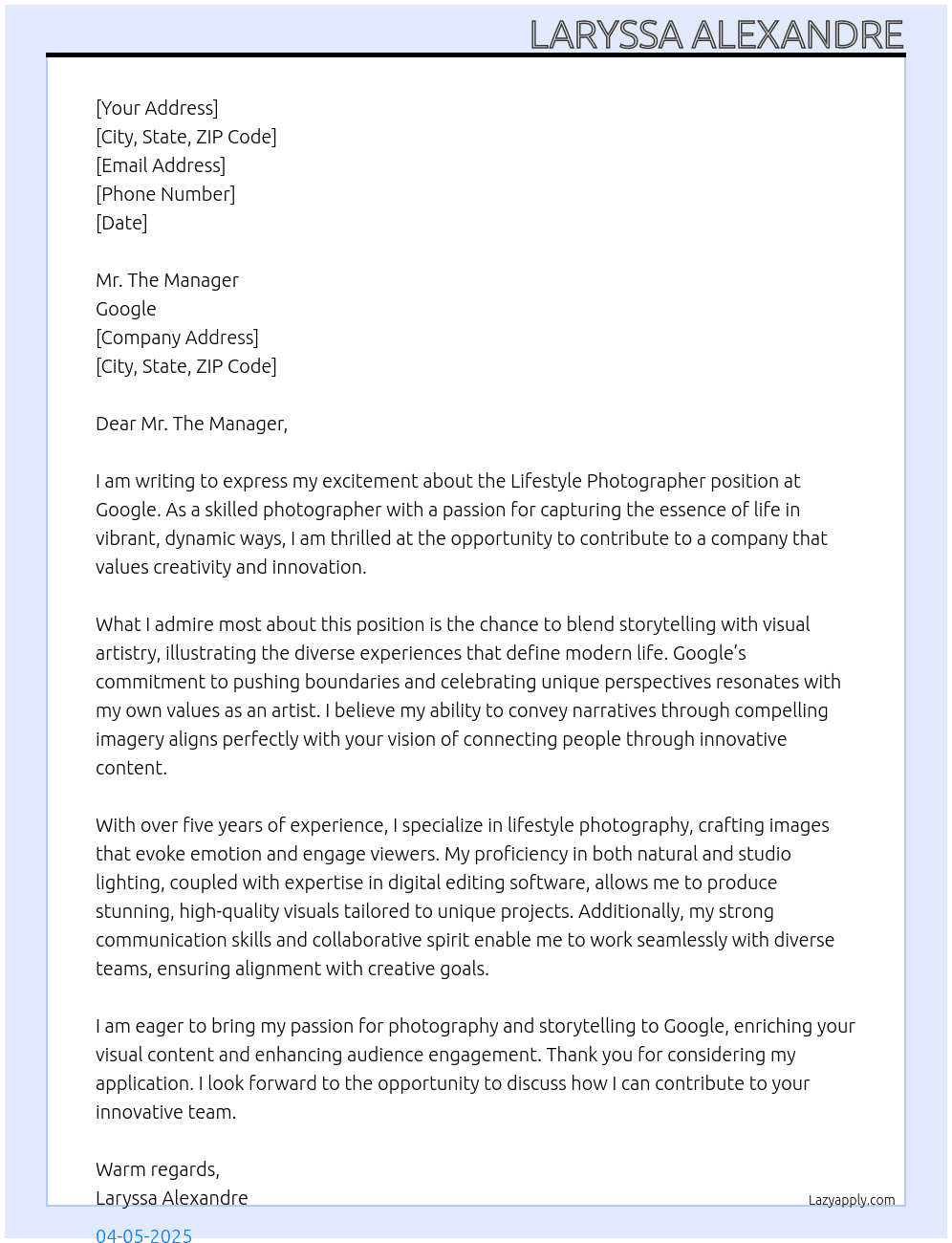 Cover letter for a lifestyle photographer - LazyApply
