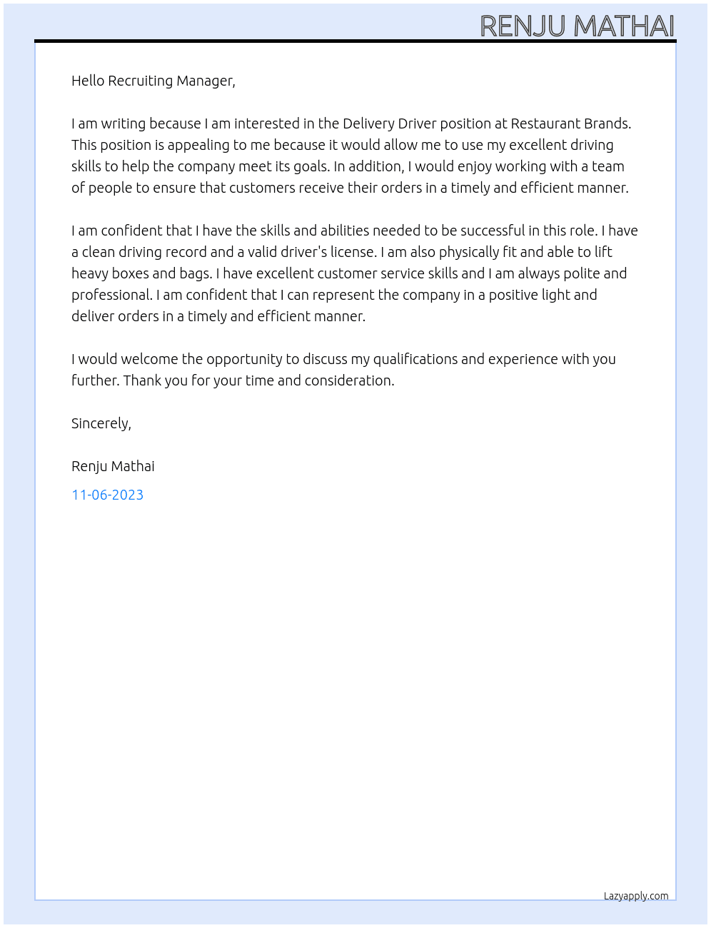 Delivery driver At Restaurant Brands Cover Letter