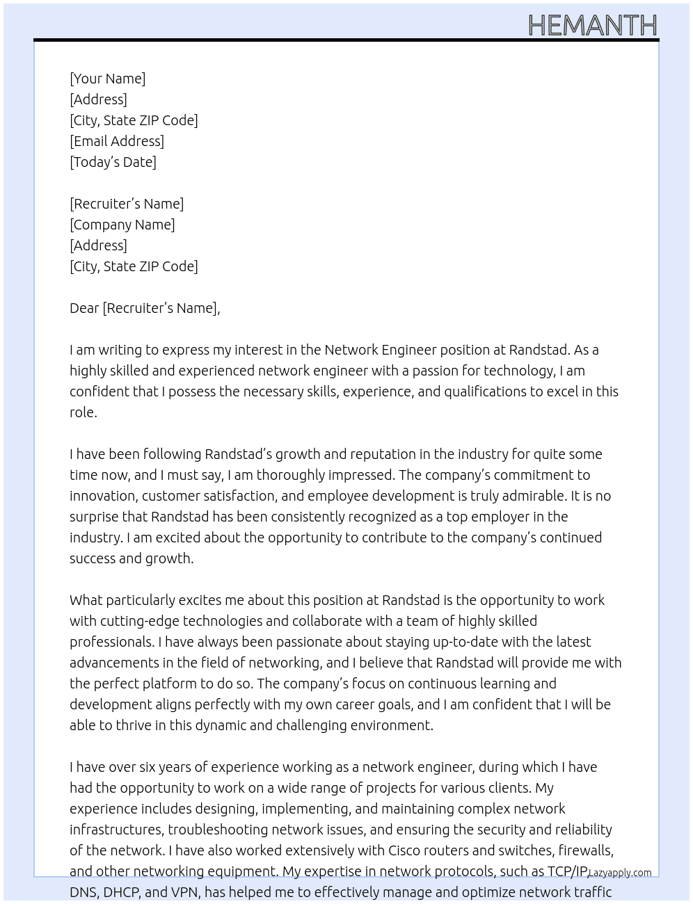 Network engineer At randstad Cover Letter