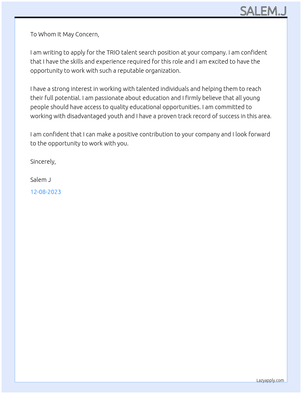 TRIO,talent search At Salem.j Cover Letter