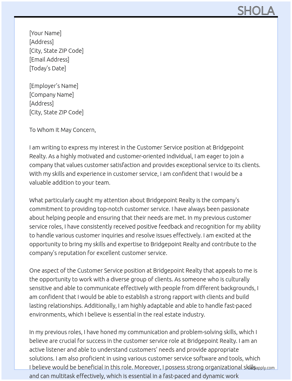 Customer service  At Bridgepoint Realty Cover Letter