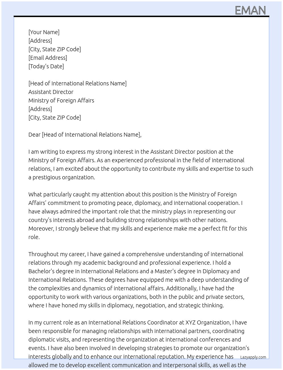 Assistant director At Ministry of foreign affairs Cover Letter