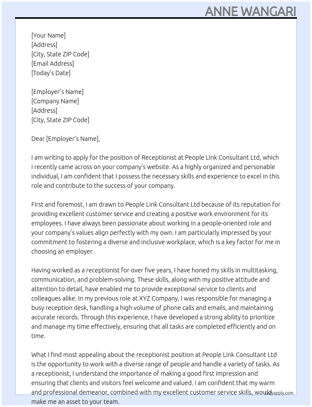 receptionist At People link consultant Ltd Cover Letter