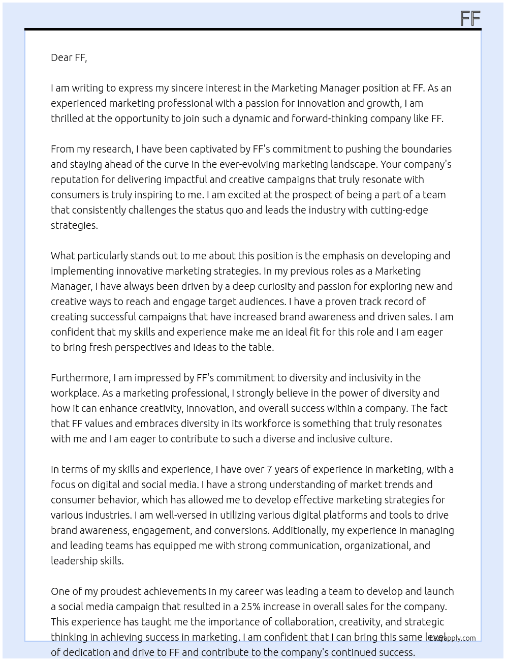 marketing manager At ff Cover Letter