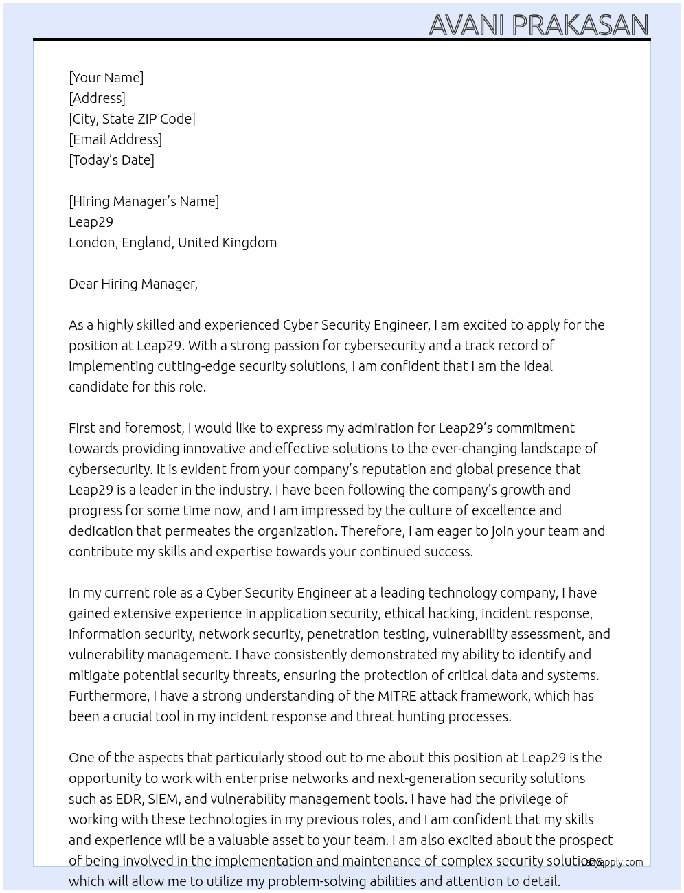 Cyber Security Engineer At Leap29 · London, England, United Kingdom Cover Letter