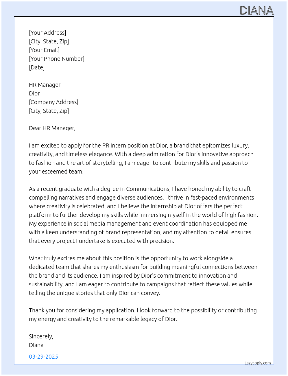PR intern  At Dior  Cover Letter