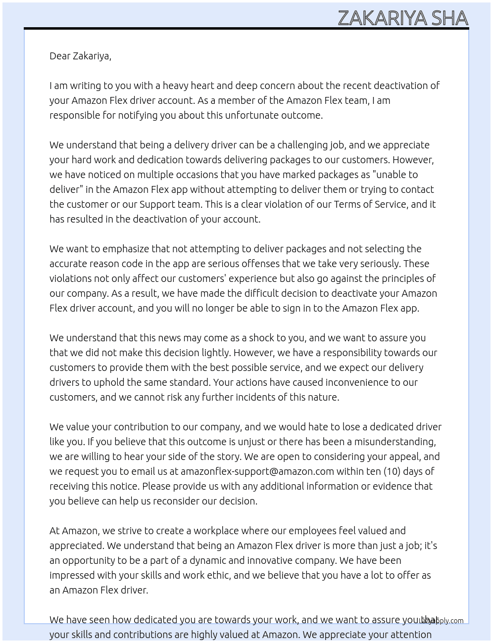 amazon flex At amazon.com appeal my recent deactivation as an Amazon Flex driver account Cover Letter