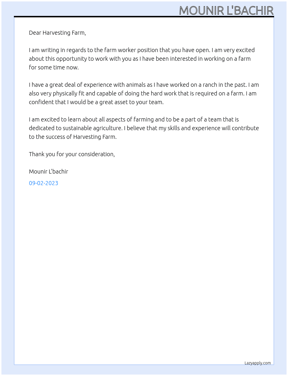 Farm worker At Harvesting Farm Cover Letter