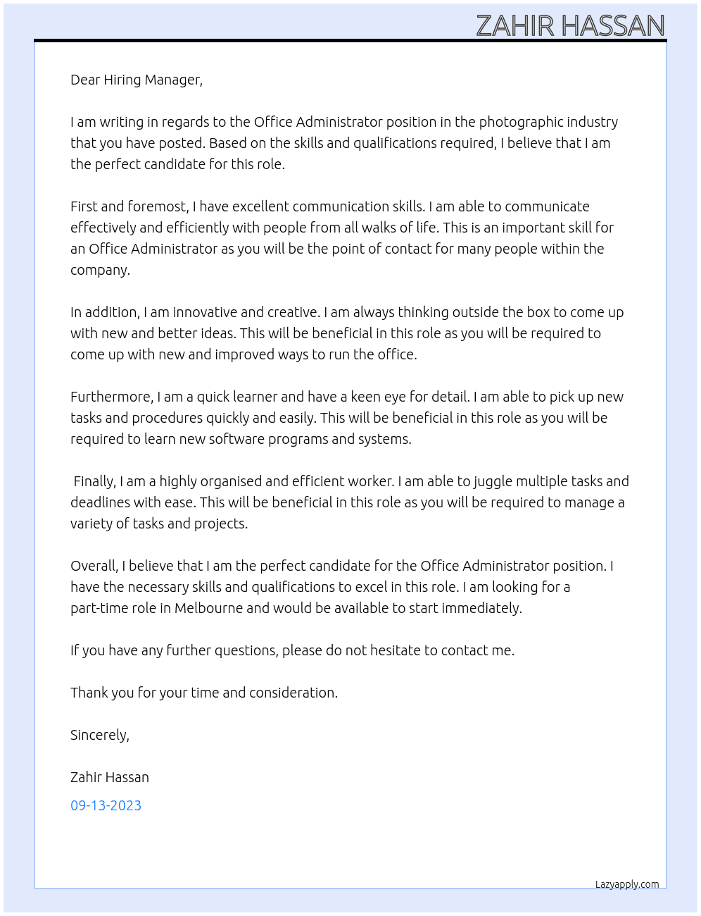 Office Administrator - Photographic Industry At Performance Advantage Cover Letter