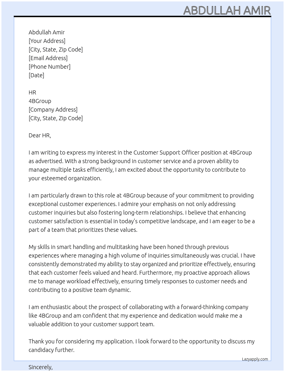Customer support officer At 4bgroup Cover Letter