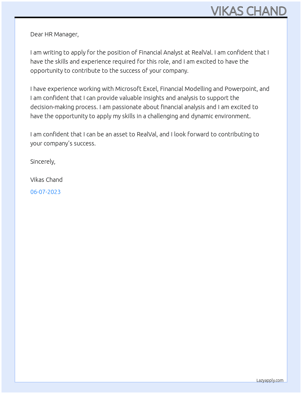 Financial Analyst At RealVal Cover Letter