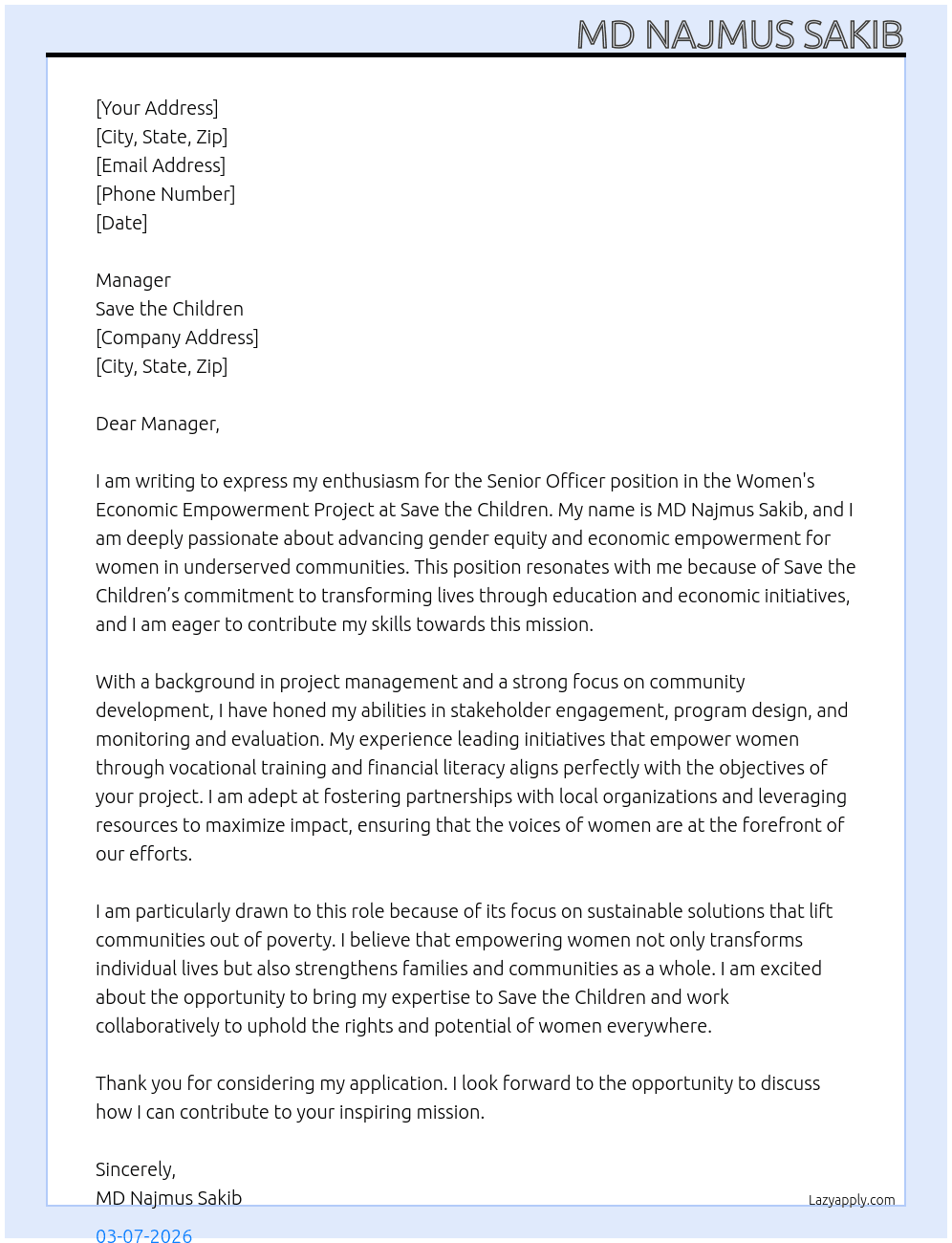 Cover letter for senior officer- women's economic empowerment project - LazyApply