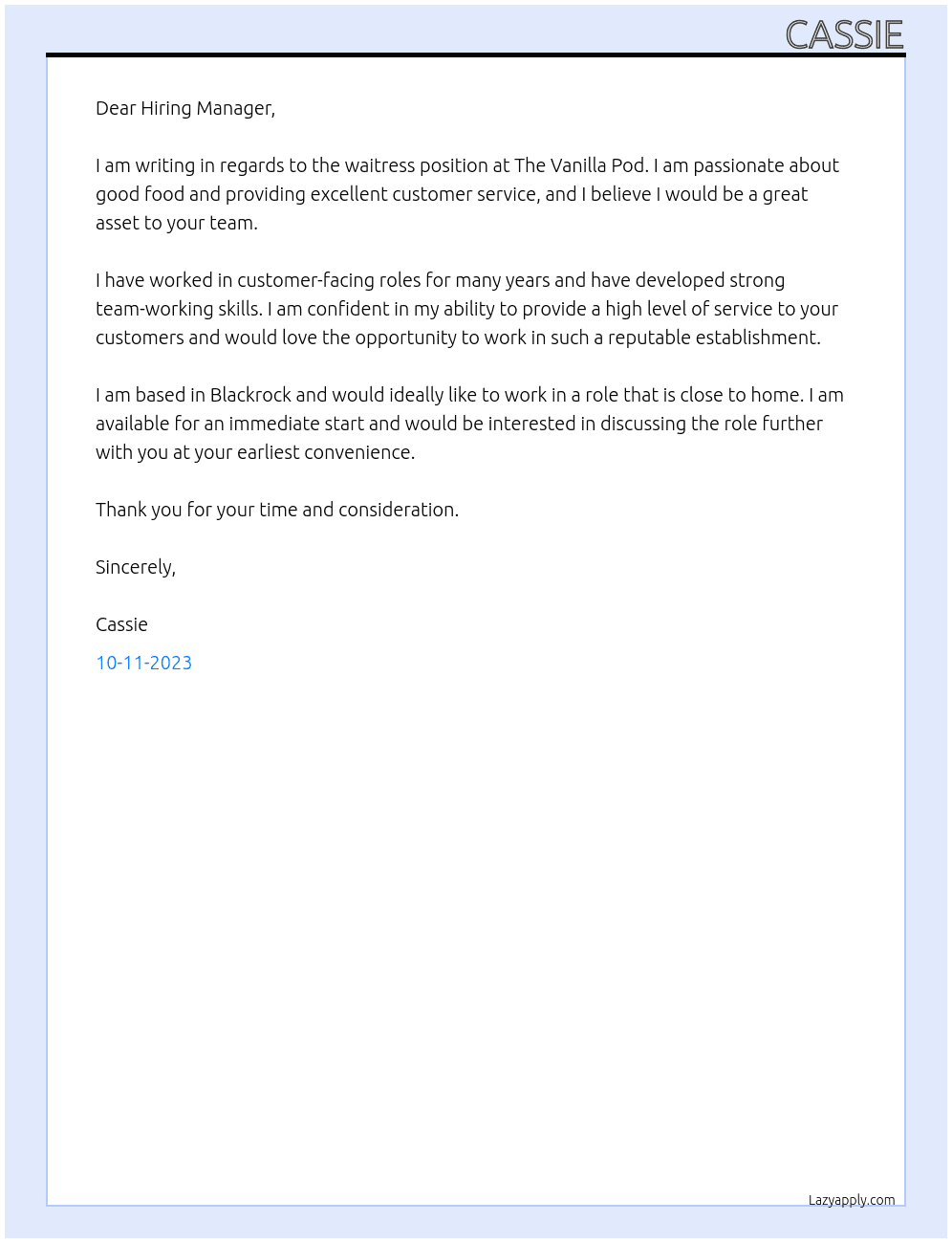 Waitress At The Vanilla Pod Cover Letter