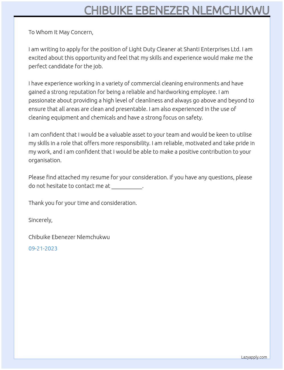 Light Duty Cleaner At Shanti Enterprises Ltd Cover Letter