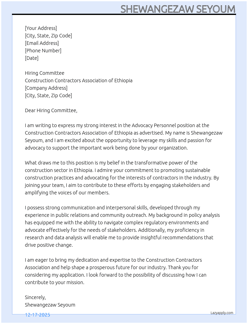 advocacy personnel At construction contractors association of Ethiopia  Cover Letter