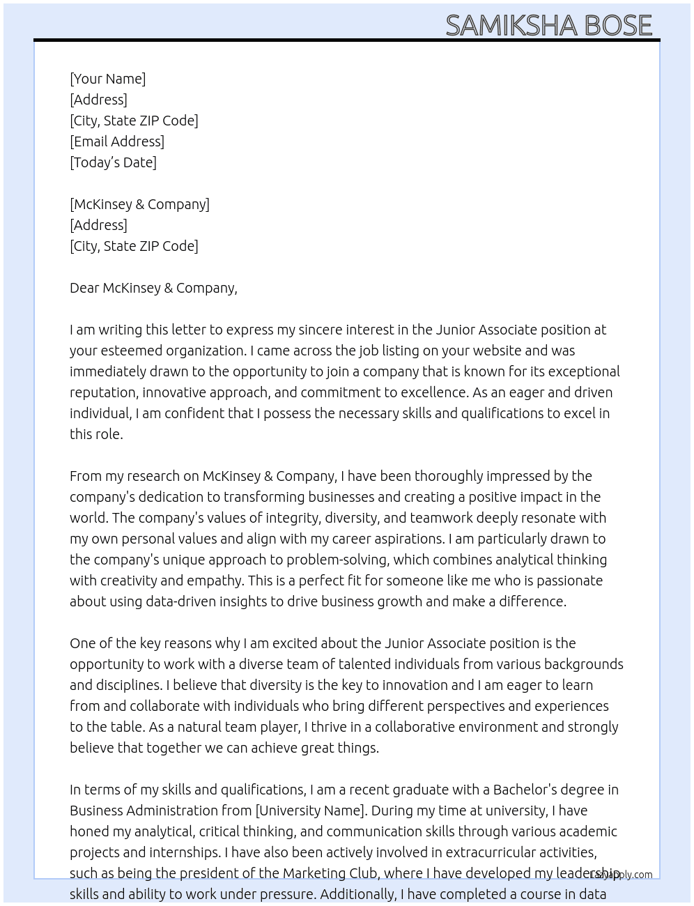 Junior Associate At McKinsey & Company  Cover Letter